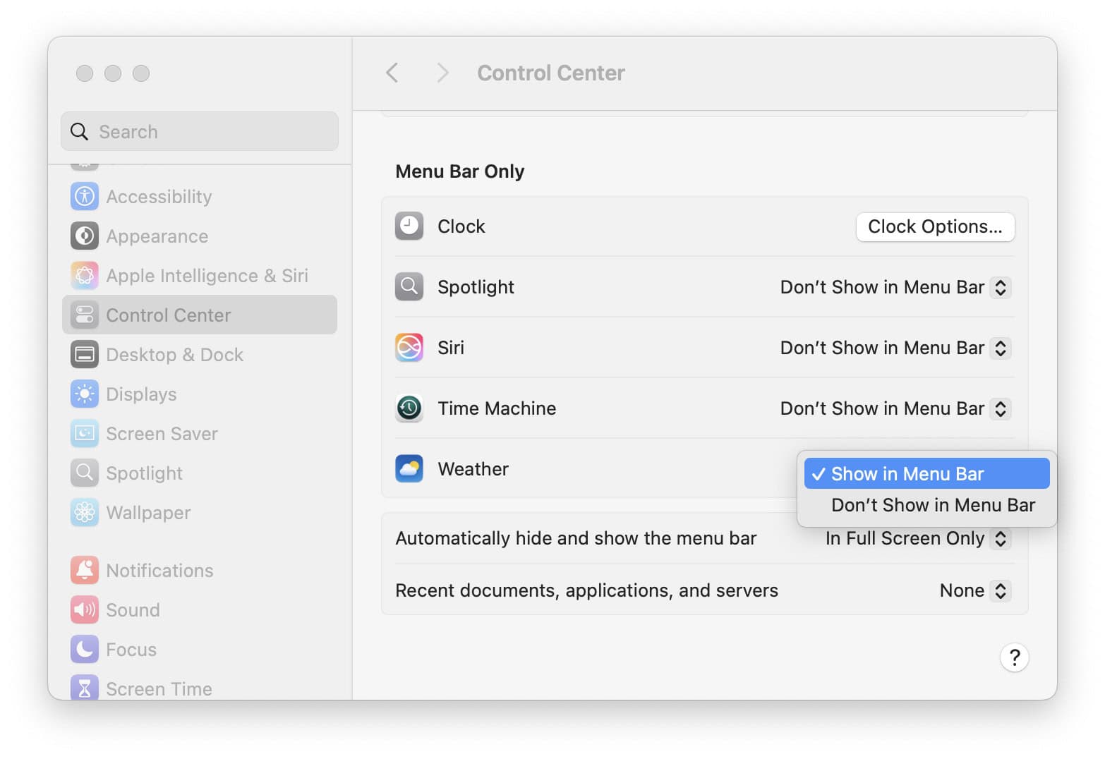 Select “Show in Menu Bar” to see Weather in the macOS menu bar