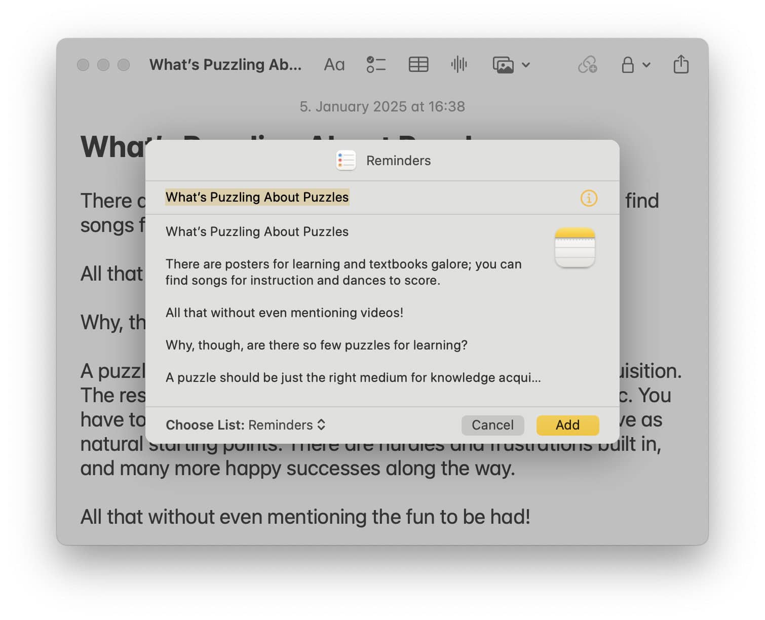 Click “Add” to create the task linked to a note in Apple Reminders