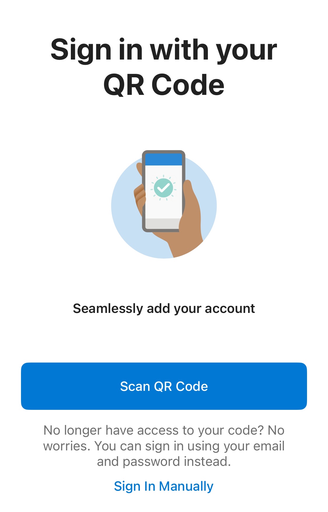 Select “Scan QR Code” in the Outlook app to start logging in without user name or password