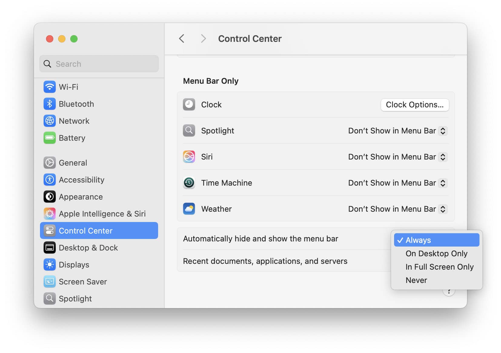 Setting up a Mac to hide the menu bar by default