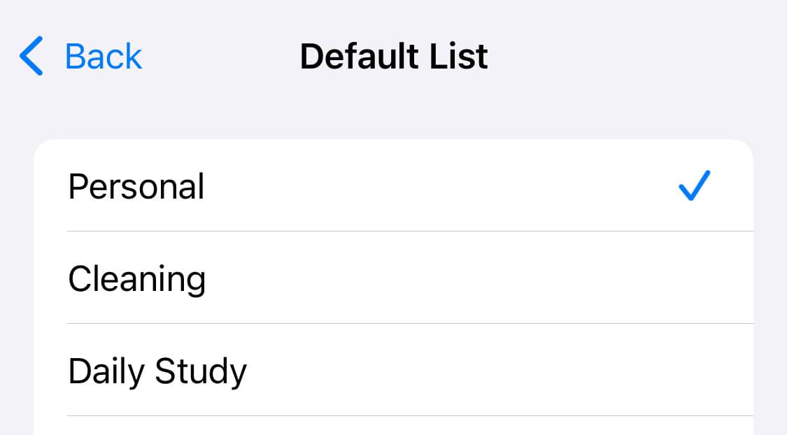 Choosing the default list in Apple Reminders for iOS