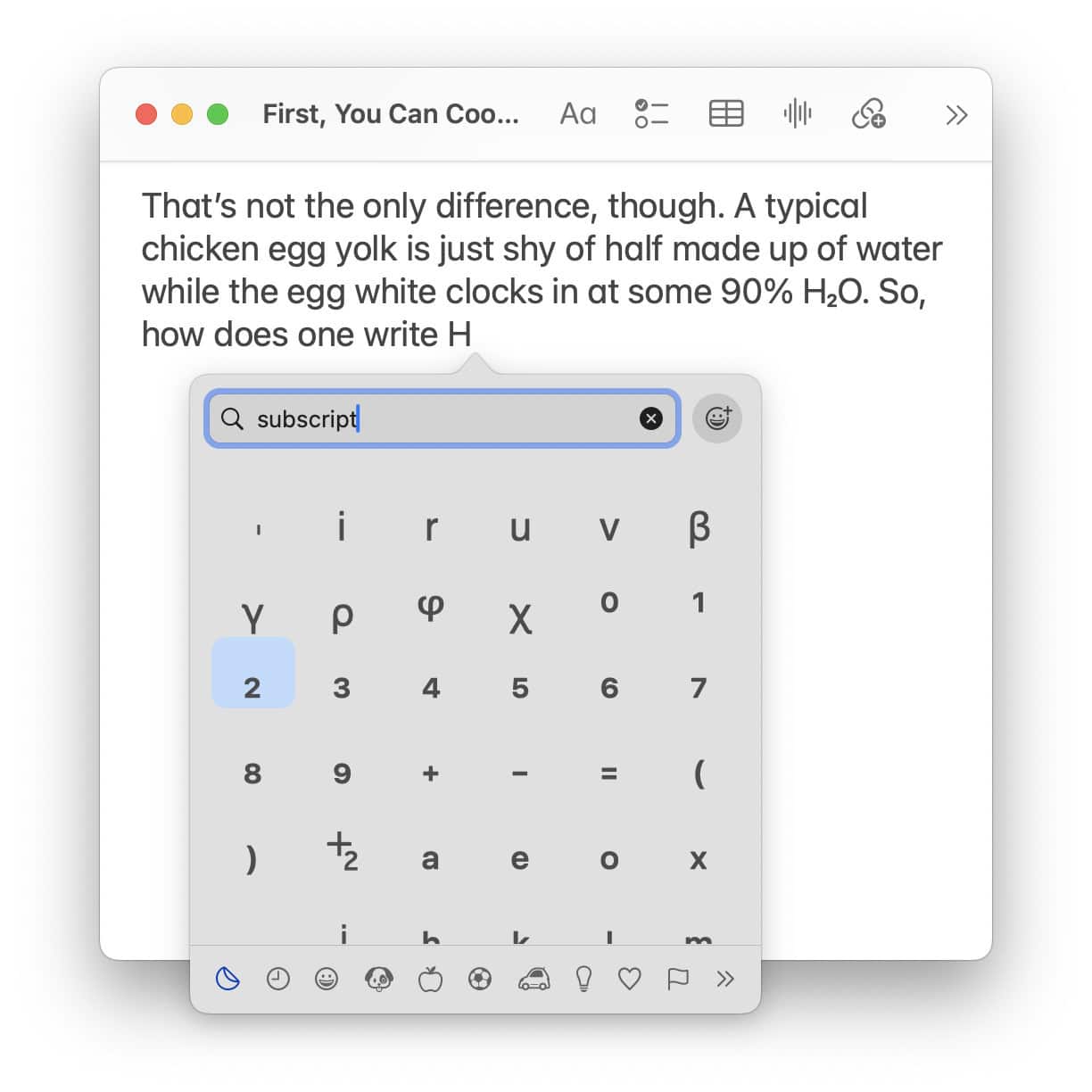 Inserting a subscripted number two with the macOS emoji panel on a Mac