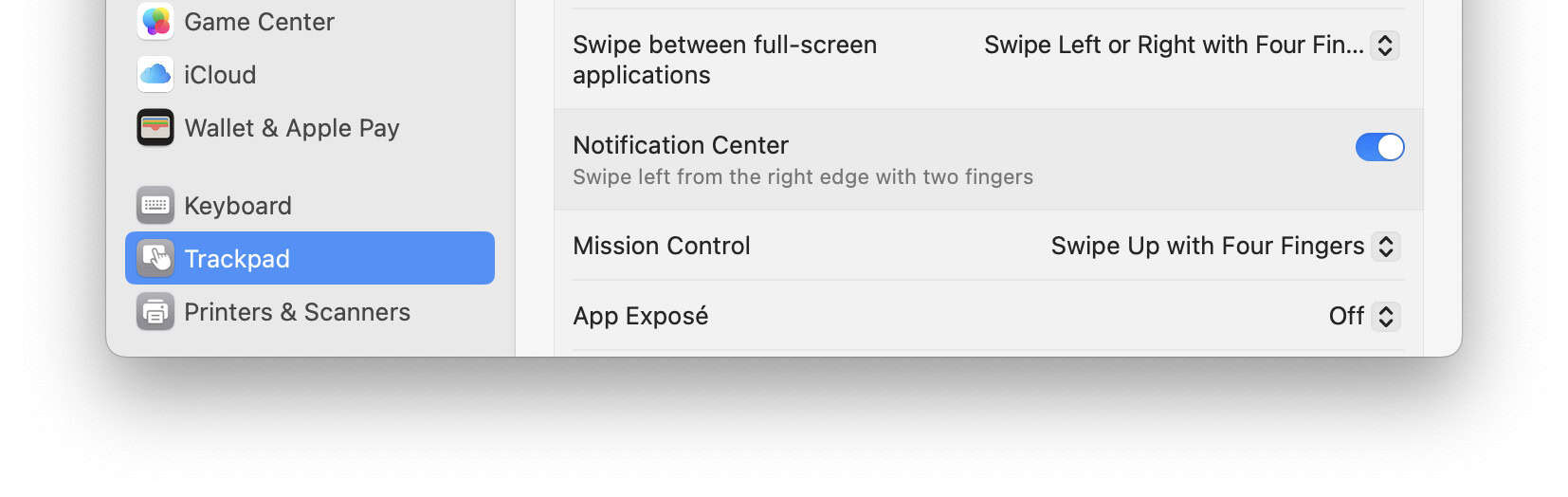 Enable a two finger swiping shorcut to open Notification Center on a Mac with a trackpad