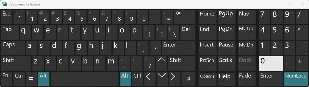Inserting a Windows Alt code using the on-screen keyboard