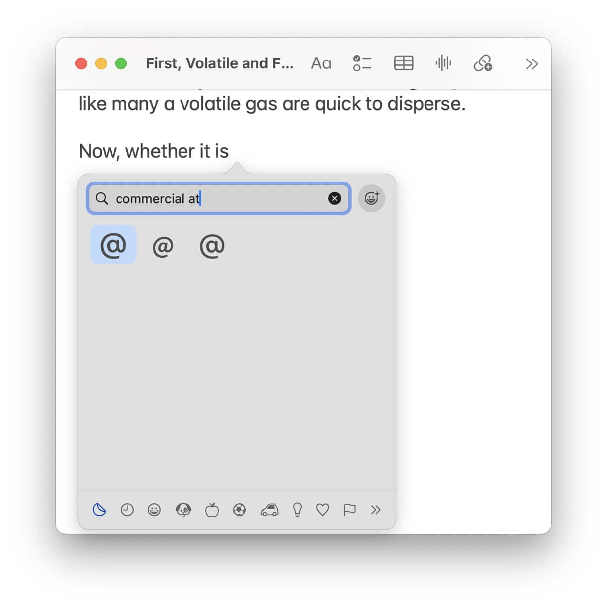 Inserting the ‘at’ symbol using the emoji pane on a Mac
