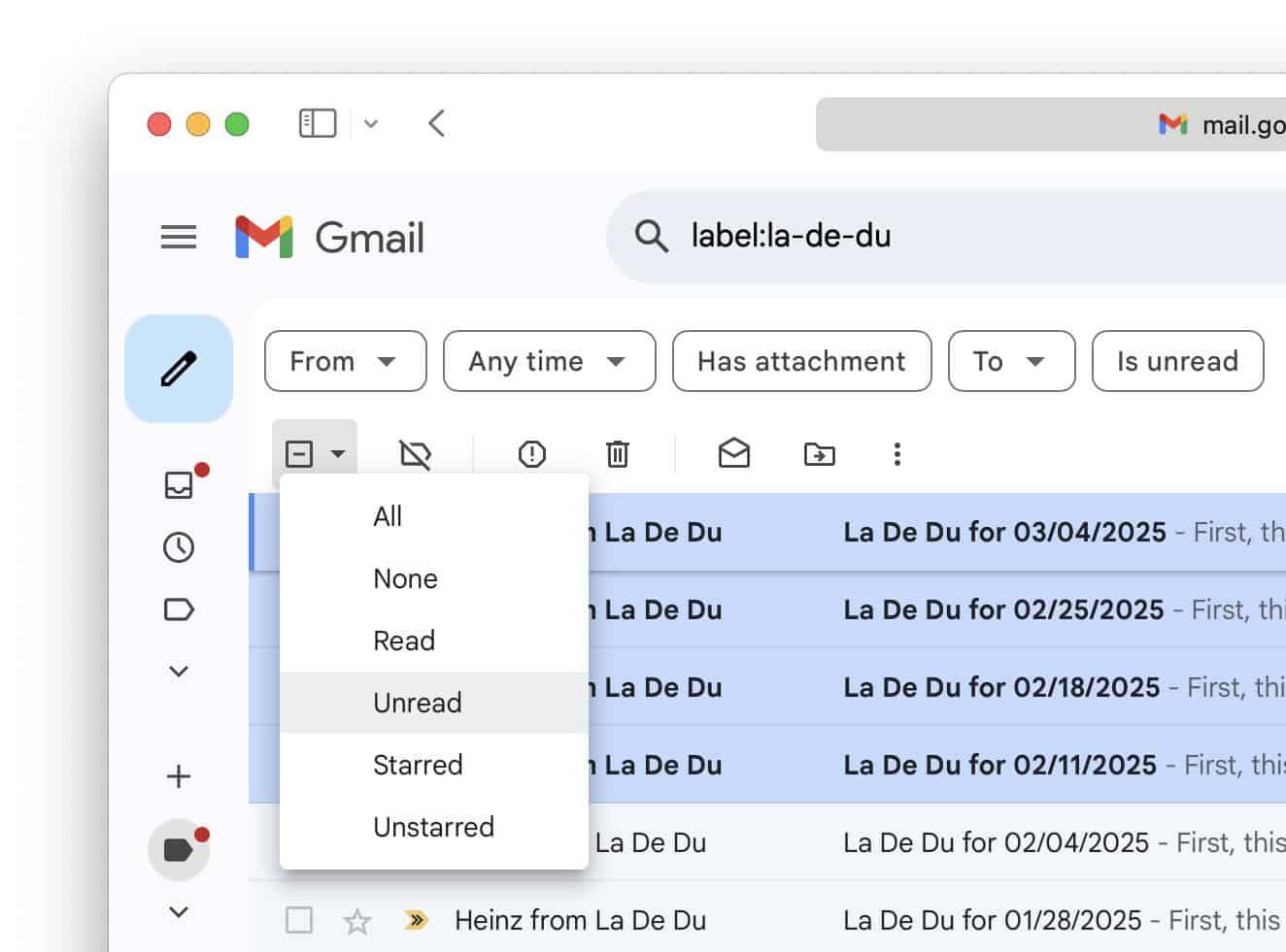 Selecting multiple emails in Gmail