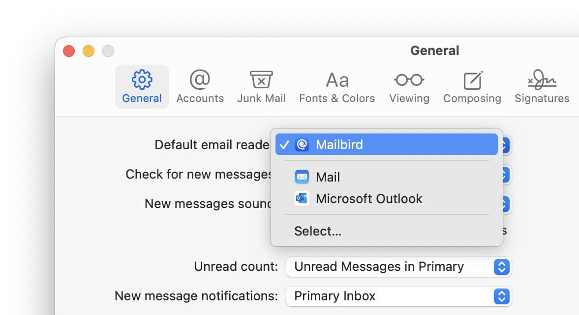 Set Mailbird as the default email program on a Mac