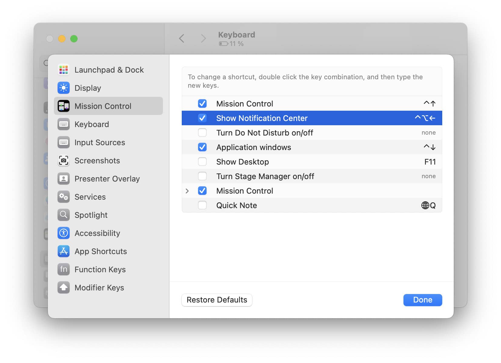 Set up a keyboard shortcut to open macOS Notification Center on a Mac