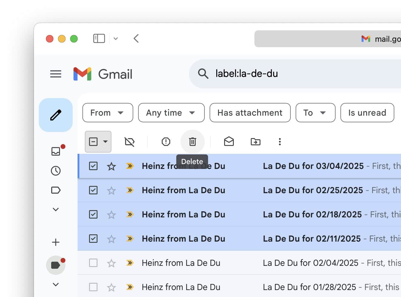 Use the “Delete” button to move all selected emails to the “Trash” in Gmail