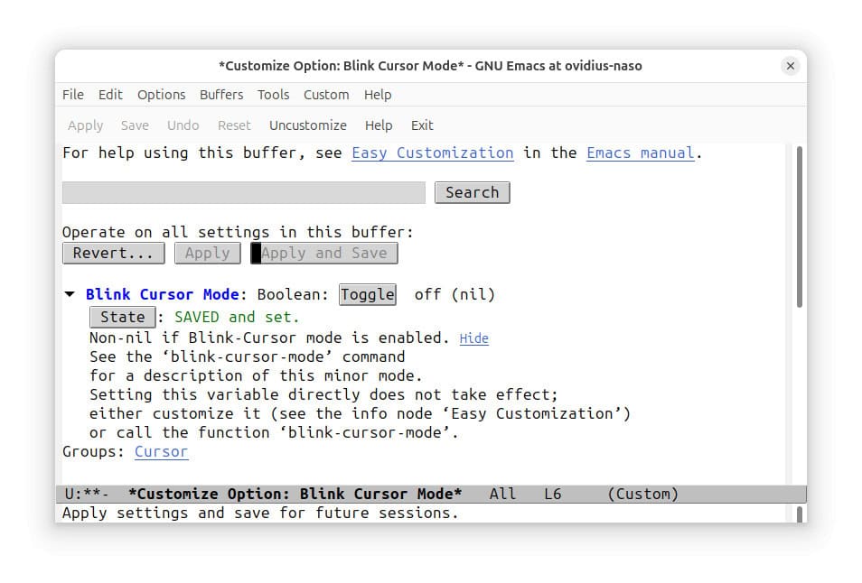 Apply and save the change to “Blink Cursor Mode” after toggling the Emacs variable to “off”