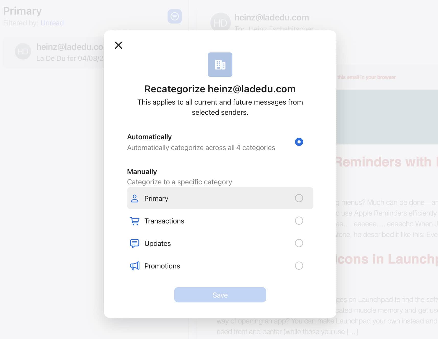 Choose a category and click “Save” to classify a sender’s emails in iCloud Mail