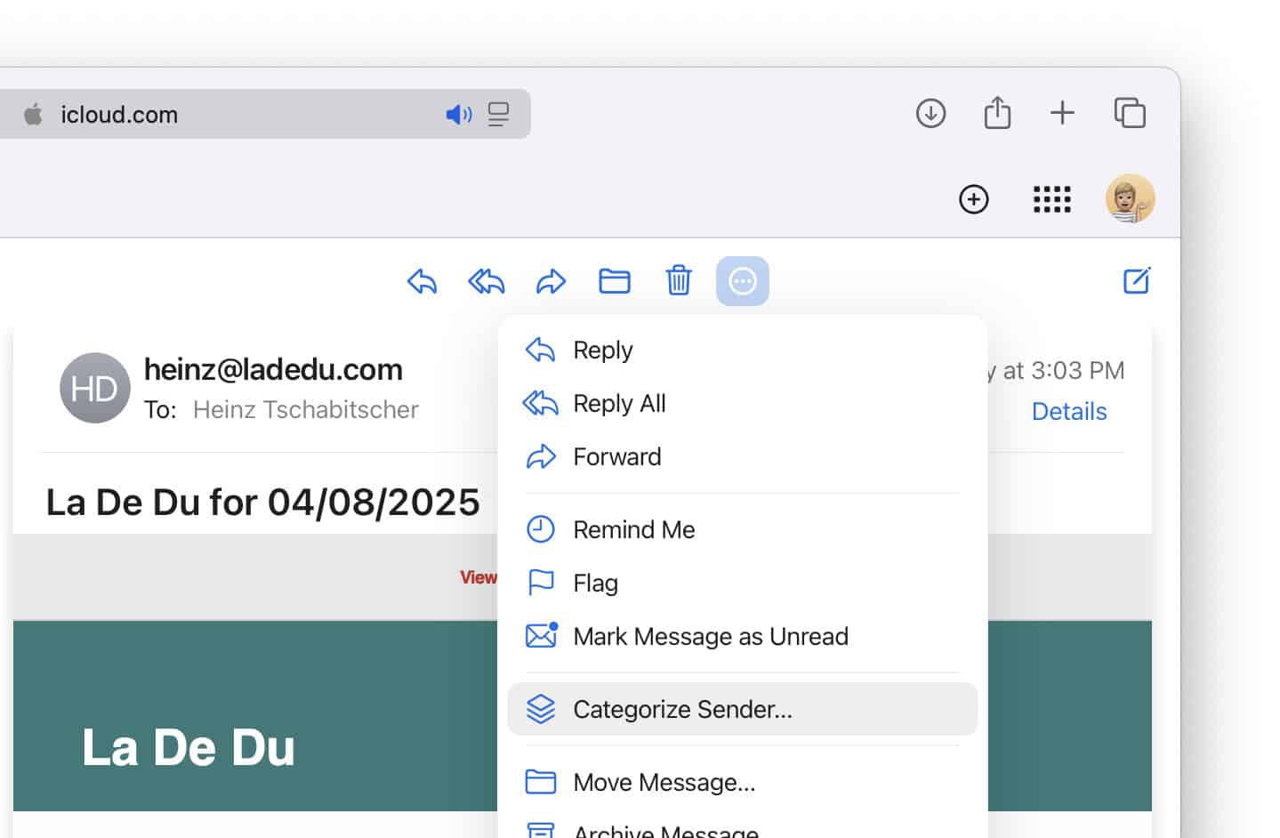 Select “Categorize Sender…” to assign a sender’s emails to a particular category in iCloud Mail