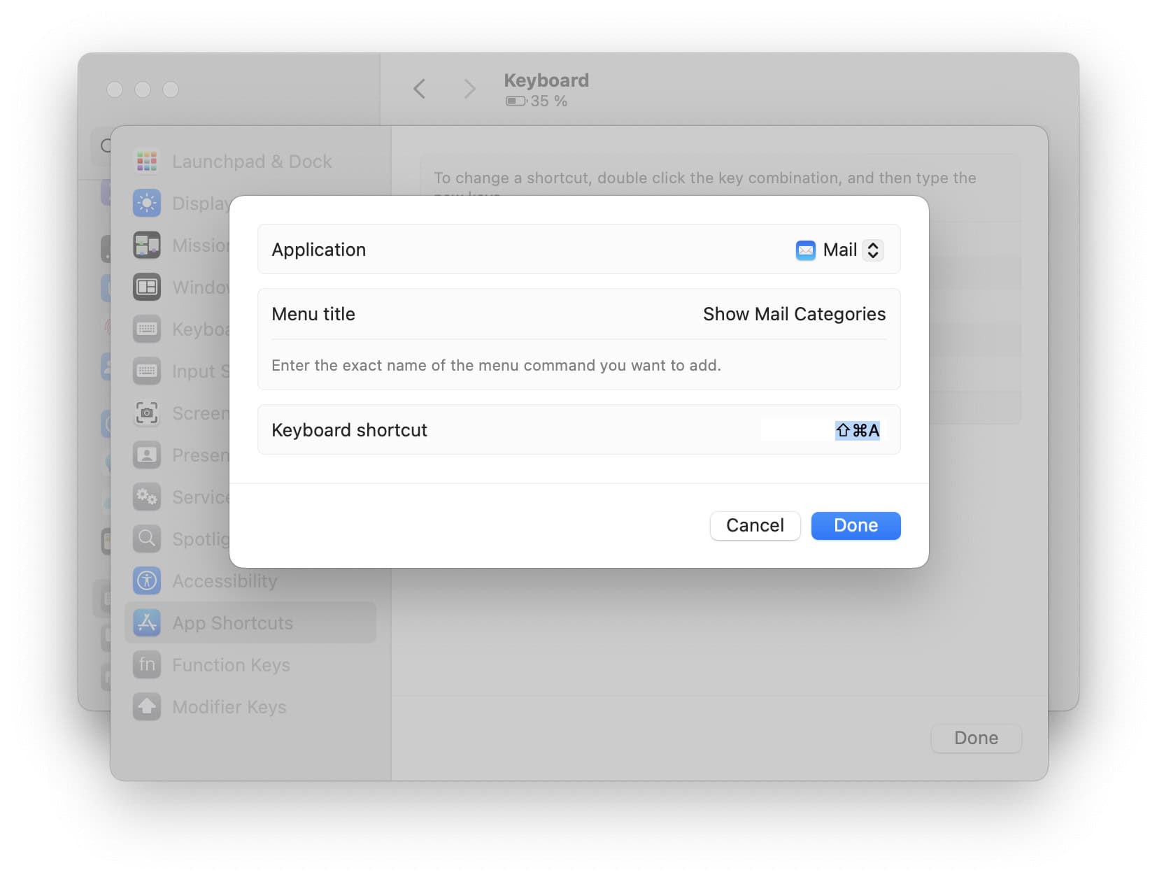 Setting up a keyboard shortcut to toggle inbox categories in Apple Mail for Mac