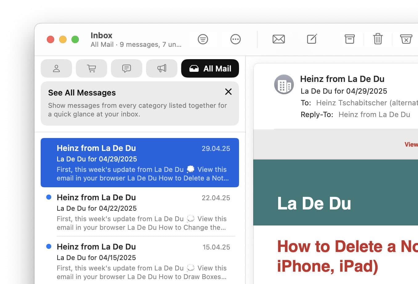 Swipe over the inbox categories to the left to reveal “All Mail”