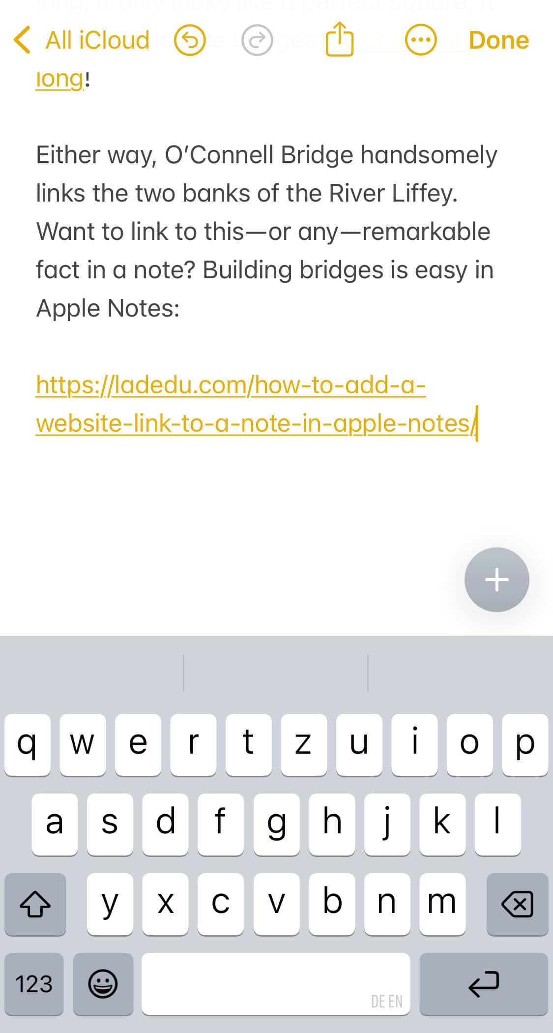 A plain link in Apple Notes for iPhone