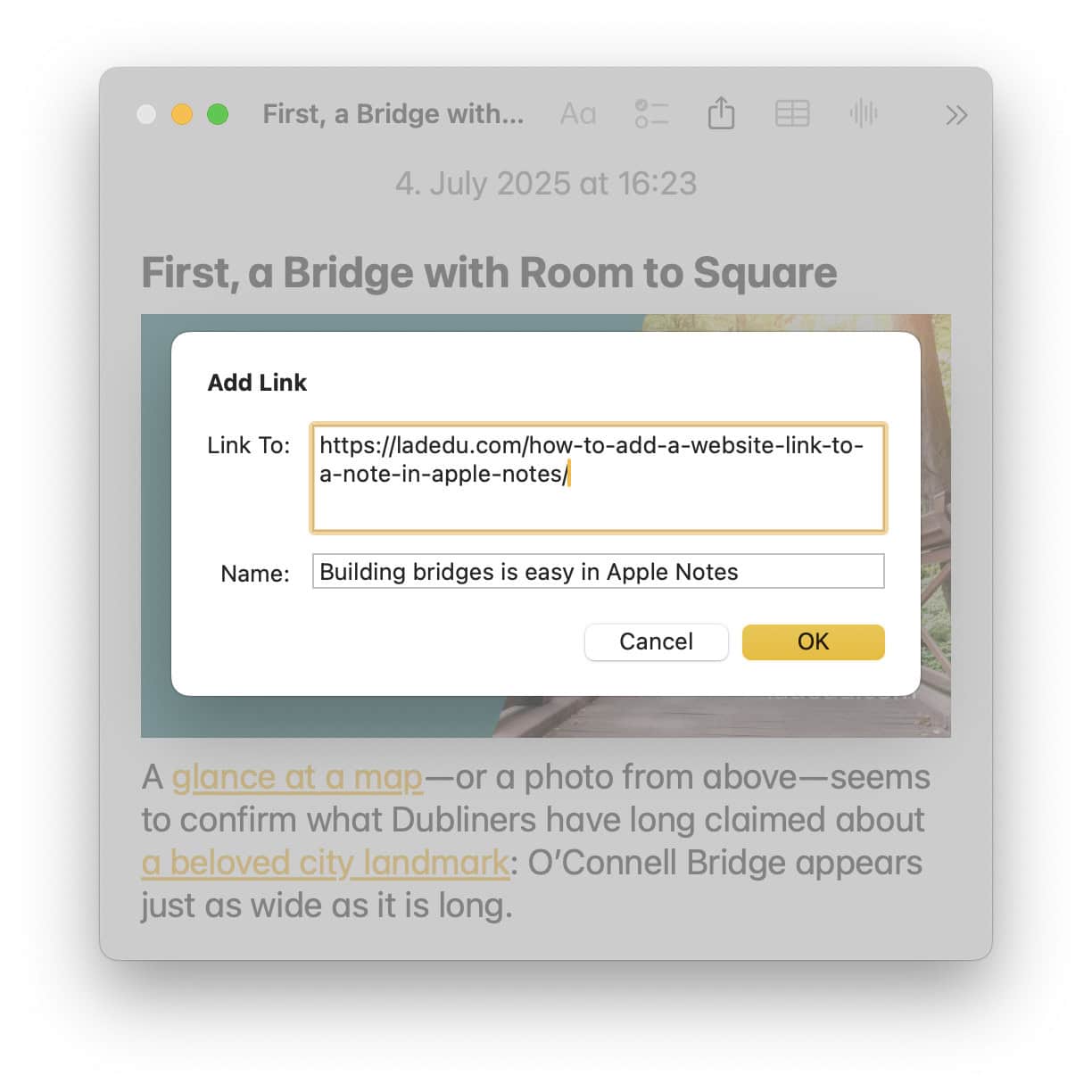 Adding a link to text in Apple Notes for Mac