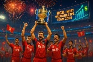 Royal Challengers Bengaluru cricket team celebrating IPL 2025 championship victory, Virat Kohli and Rajat Patidar lifting trophy in packed stadium with fireworks, confetti, and digital screens showing ‘RCB – Most Valuable IPL Team 2025’ and business growth graphics