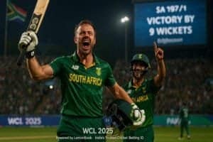 AB de Villiers and JP Duminy celebrate South Africa's WCL 2025 Final win with raised bats as the scoreboard flashes victory at Edgbaston Stadium.