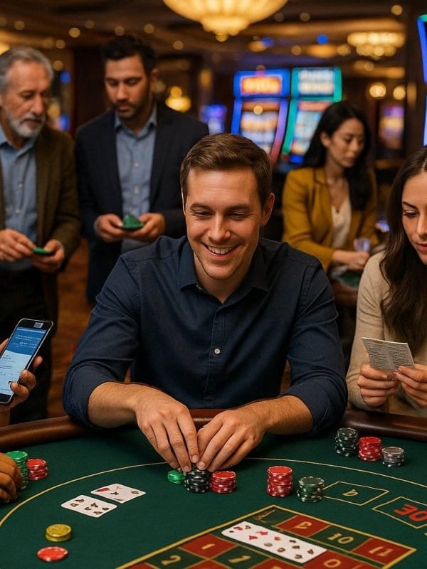 Diverse group of smart casino players focused on blackjack and slots, practicing winning strategies in a vibrant LemonBook casino scene