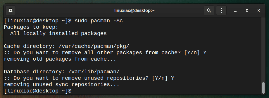 Clean up package cache in Arch Linux.