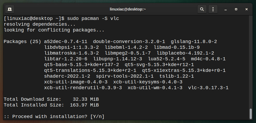 Installing a Package with Pacman on Arch Linux.