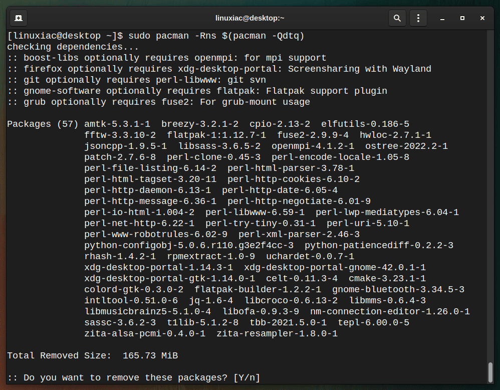 Removing orphaned packages in Arch Linux.