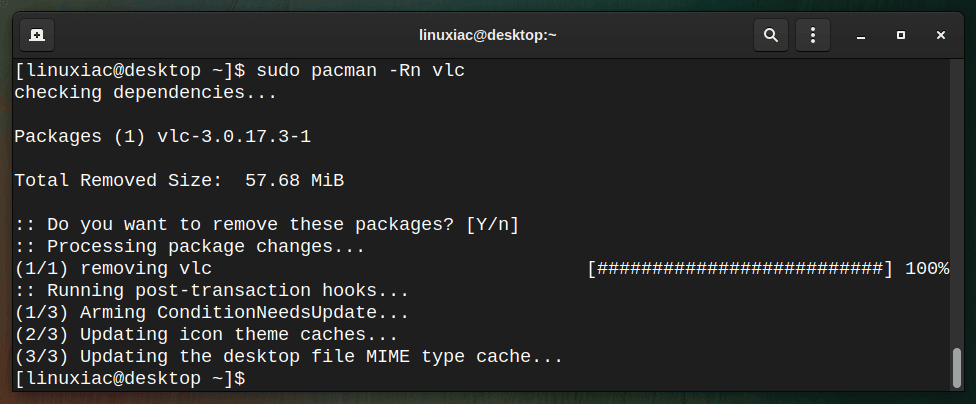 Removing a package in Arch Linux.