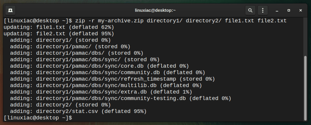 Zip files and directories recursively in Linux