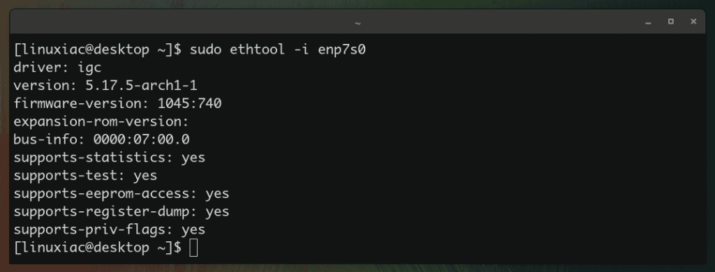 Check the ethernet card driver and the firmware version in Linux with the ethtool command