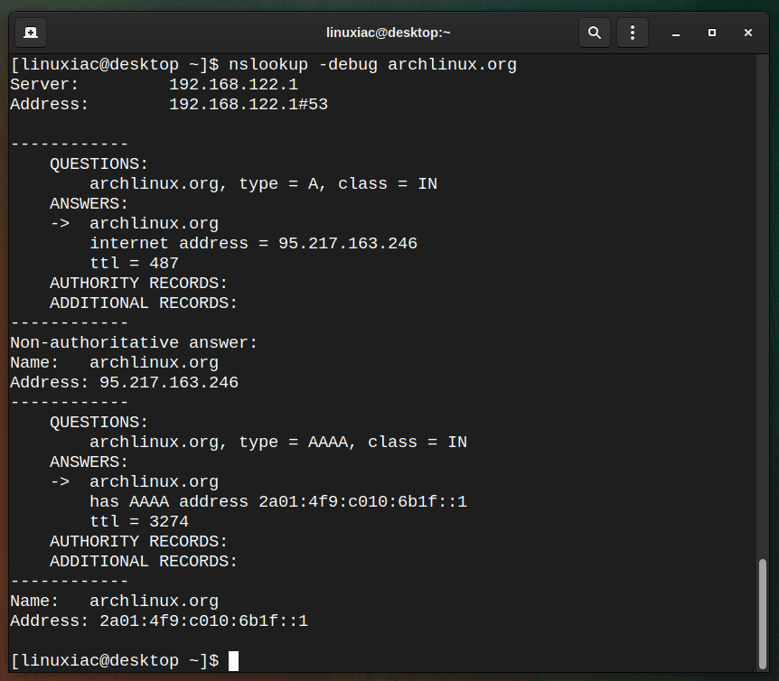 Debugging the nslookup query transaction