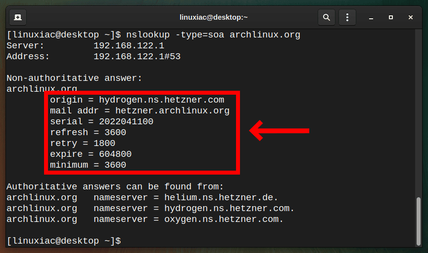 Find the SOA record using the nslookup command