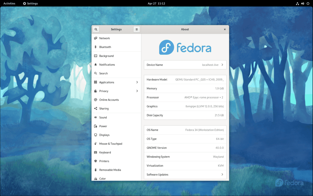 Fedora 34 Workstation Desktop