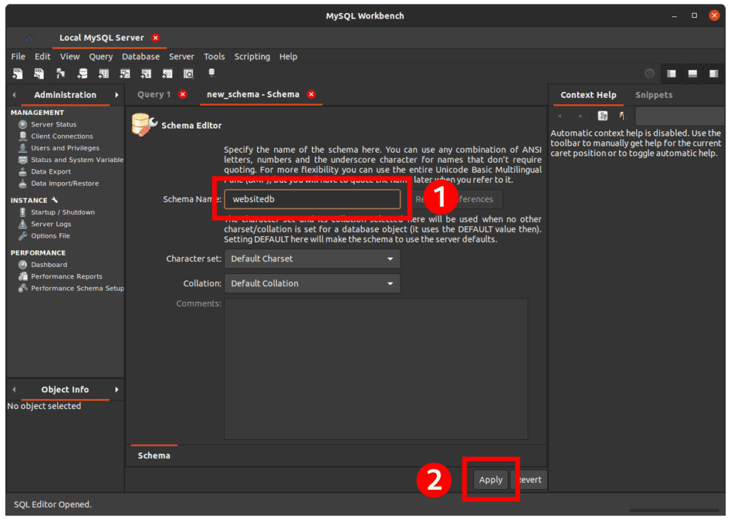 MySQL Workbench: Set Name for Newly Database