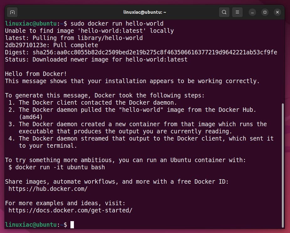 Docker successfully installed, up & running on Ubuntu 22.04.