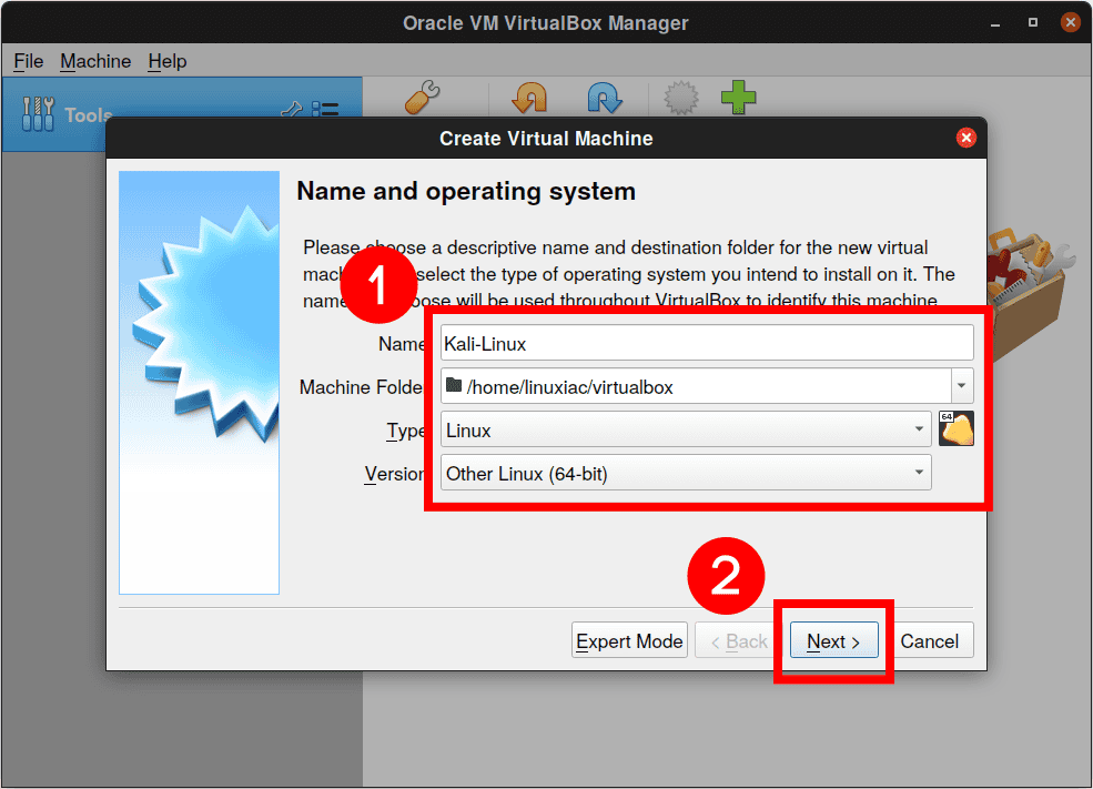 Choose Kali Linux on VirtualBox VM name