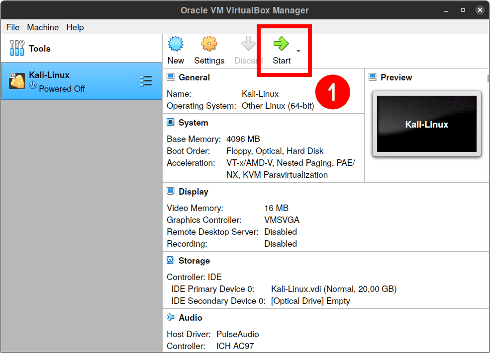 Start Kali Linux on VirtualBox VM