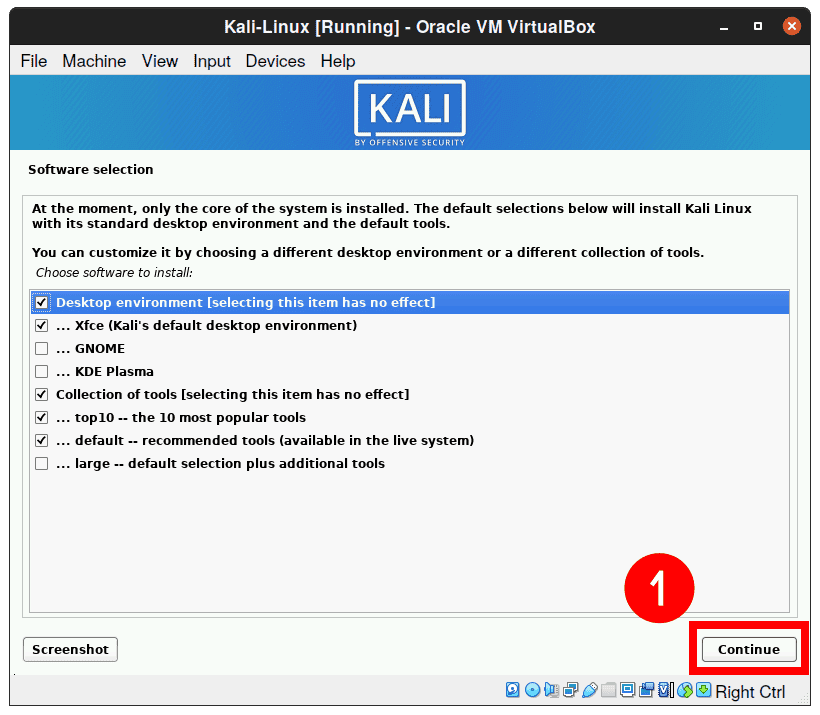 Choose software for installation on Kali Linux on VirtualBox