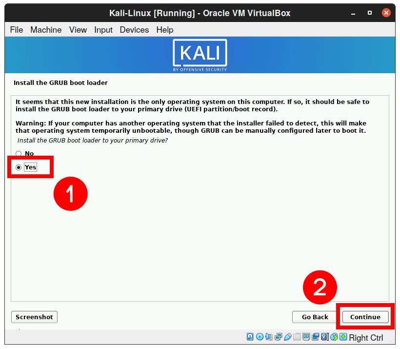 Install GRUB boot loader on Kali Linux on VirtualBox