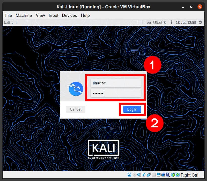 Login into Kali Linux on VirtualBox