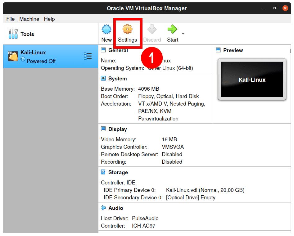 Kali Linux on VirtualBox settings