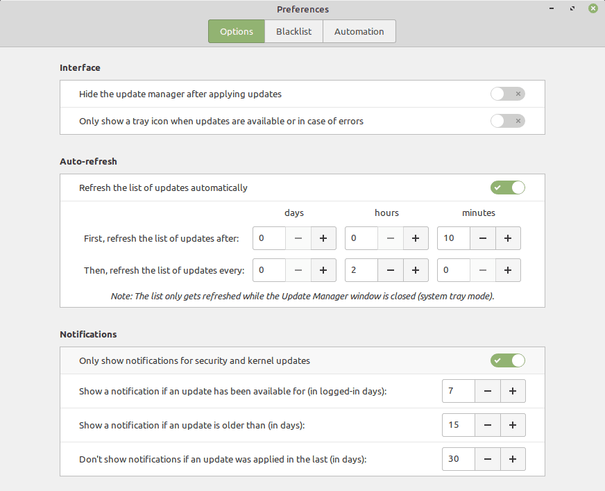 Linux Mint 20.2 Update Manager Settings