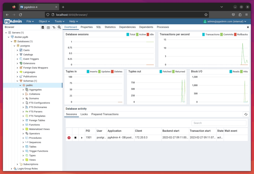 pgAdmin successfully connected to the Docker PostgreSQL container.