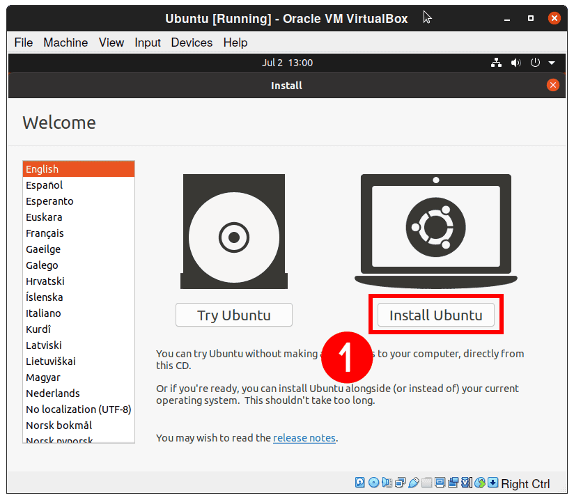 Start Ubuntu Installation with VirtualBox