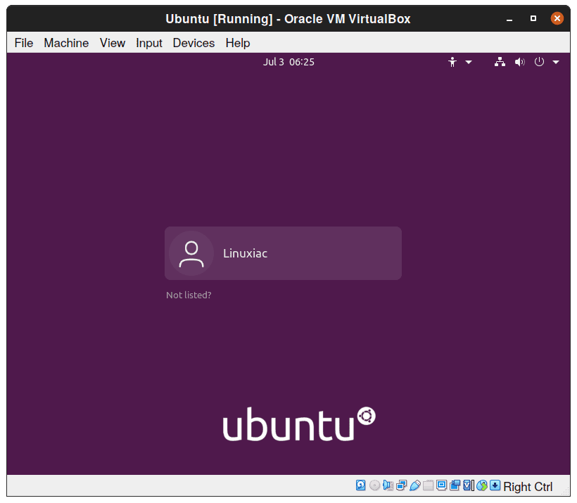 Ubuntu with VirtualBox - Login Screen