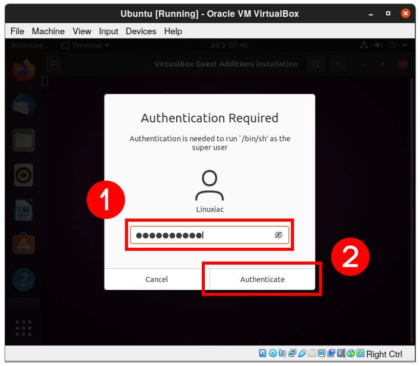 Authenticate with sudo in Order to Install Guest Additions