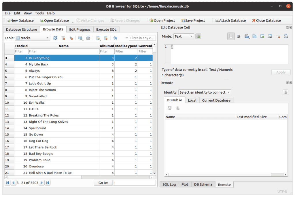 SQLite DB Browser Showing Table Data