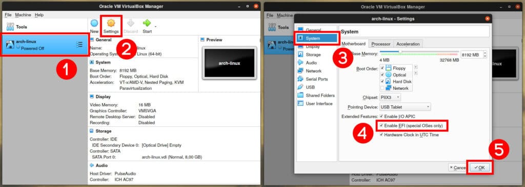 Arch Linux VirtualBox Install: Enable EFI