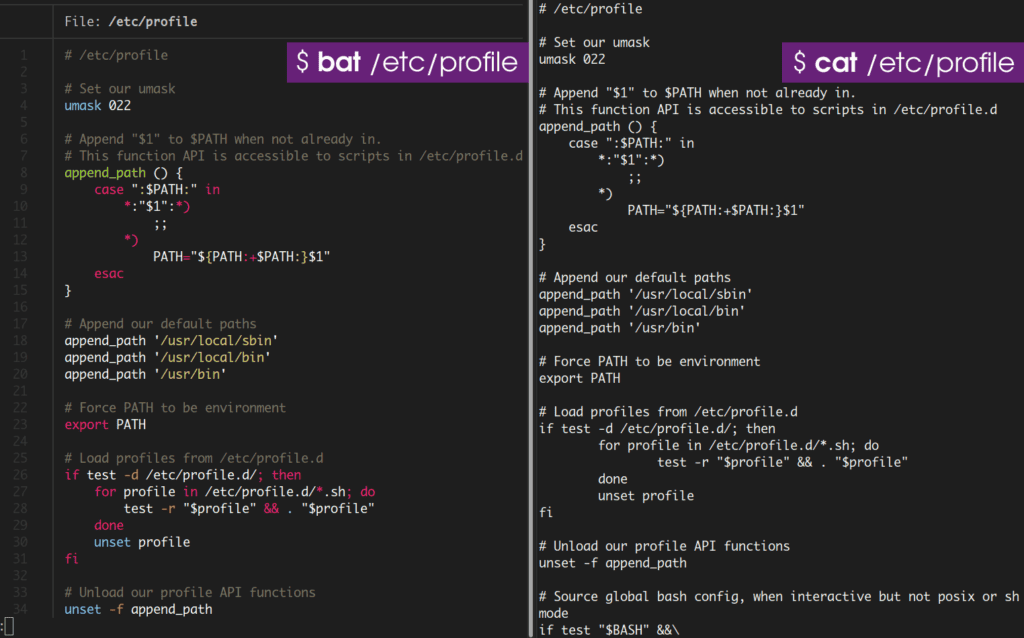 The bat Linux Command Compared to cat