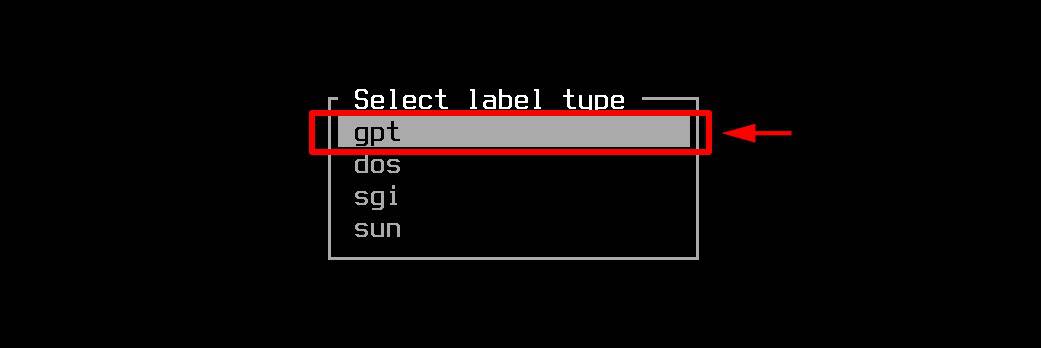 Select GPT type partition table.