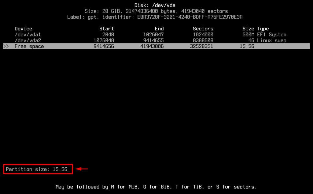 Set root partition size.